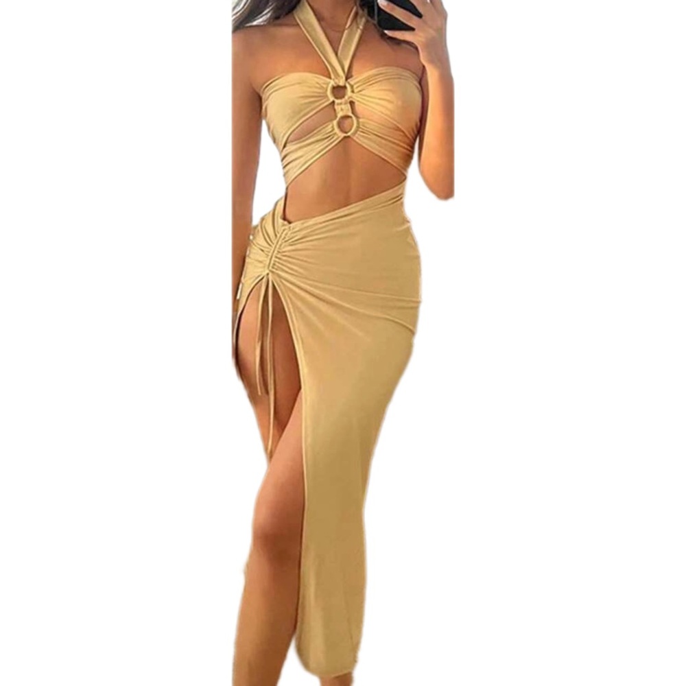 SHEIN Tan Halter Cutout Maxi Dress